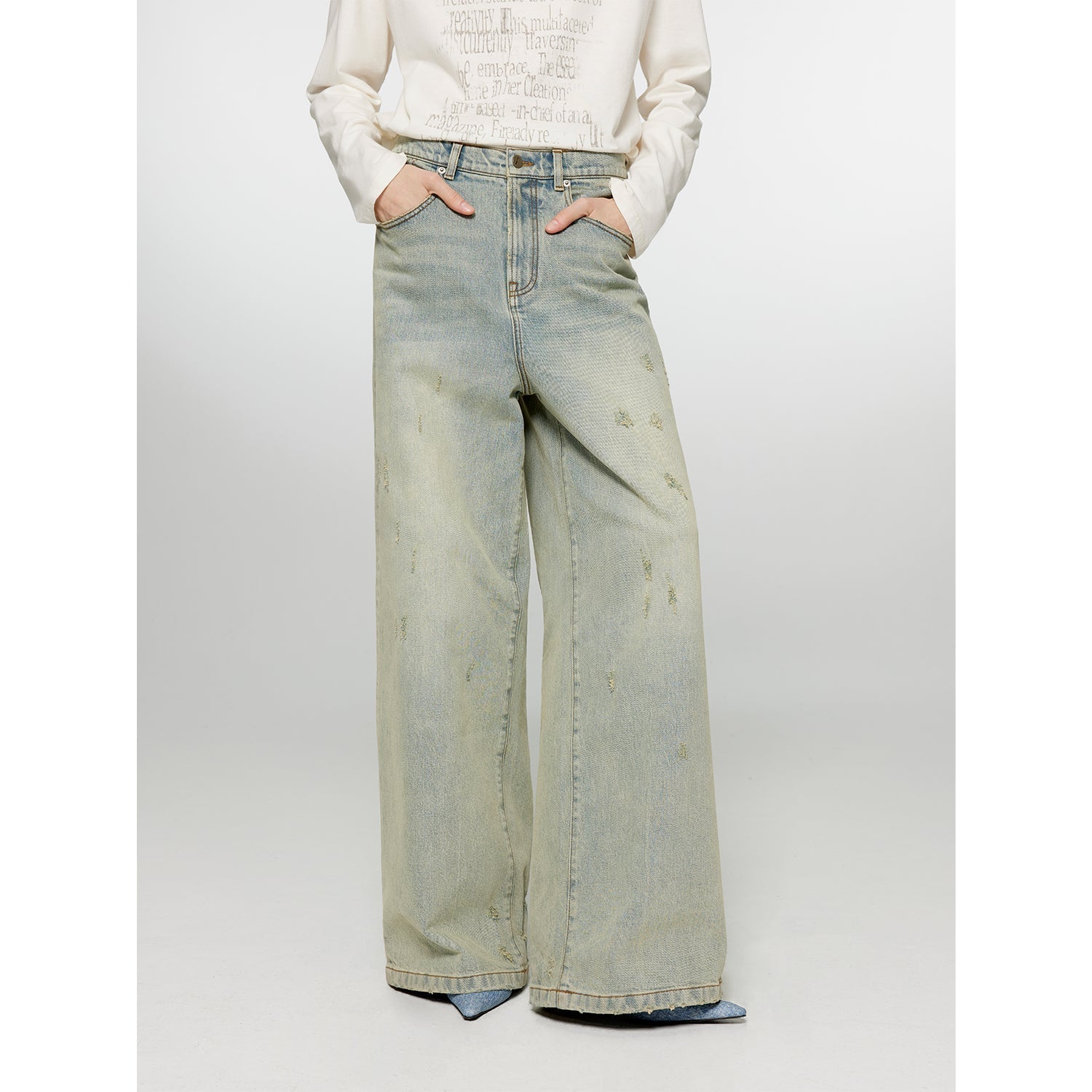 Retro Washed Distressed Wide Straight Leg Jeans