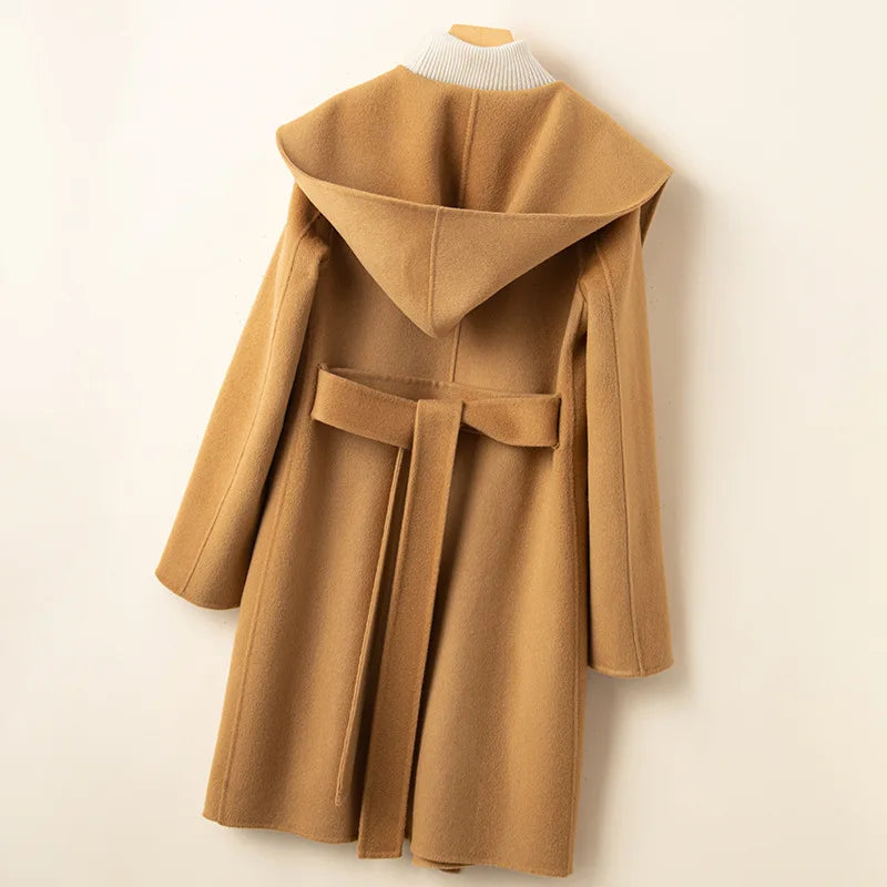 Double-Sided Cashmere Belted Hoodie Coat