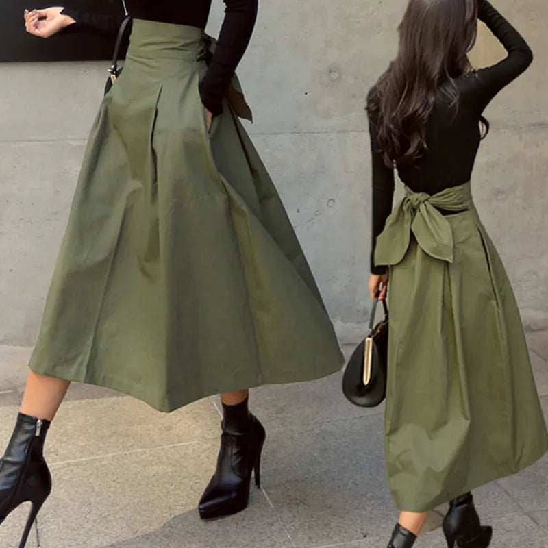 High-Waist A-Line Skirt – Olive Green / Black