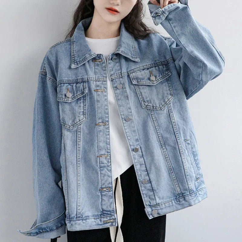 Vintage Women Oversize Denim Jackets Washed Blue Jeans Coat Turn-Down Collar