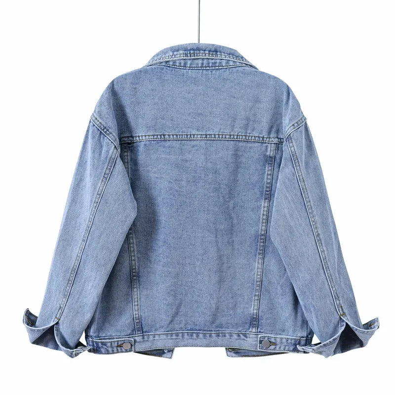 Vintage Women Oversize Denim Jackets Washed Blue Jeans Coat Turn-Down Collar