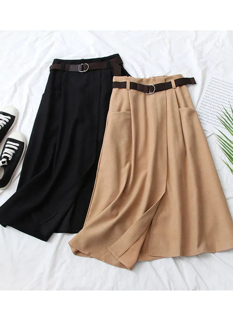 Casual Midi Skirt - High Waist with Pockets
