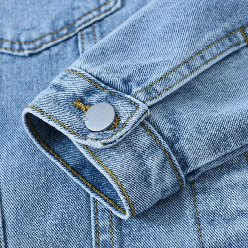 Vintage Women Oversize Denim Jackets Washed Blue Jeans Coat Turn-Down Collar