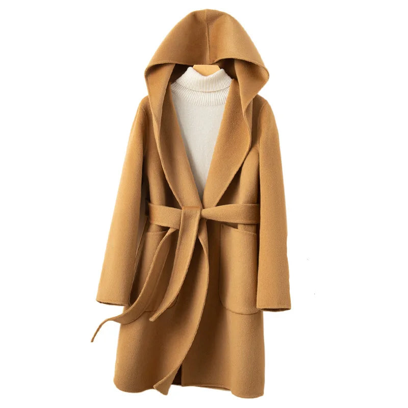 Double-Sided Cashmere Belted Hoodie Coat