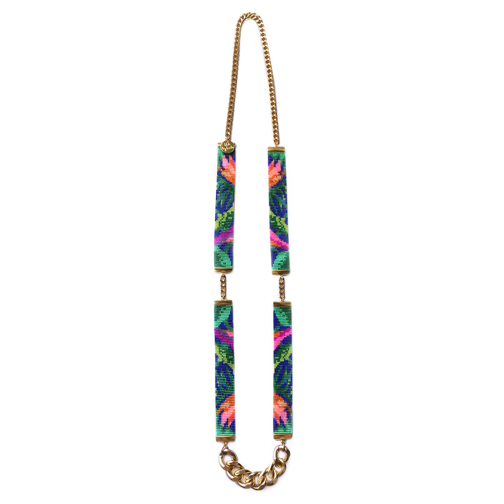 Tropic Exotic Floral Jungle Print Beaded Necklace